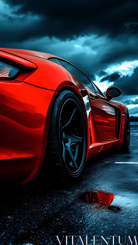 Red sports coupe on wet asphalt under dark storm clouds.