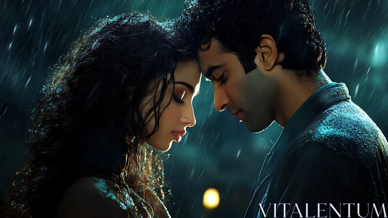 Two figures facing in rain with atmospheric lighting