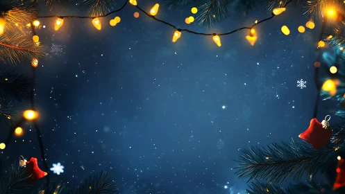 Digital painting of festive pine garland with lights framing night sky.