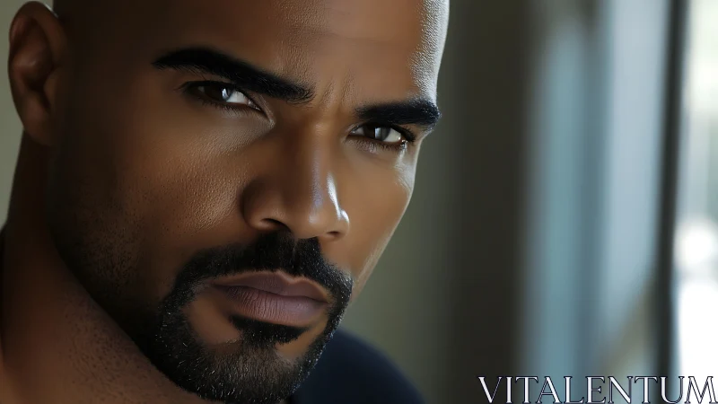 Hyperreal male portrait renders intense gaze with soft bokeh