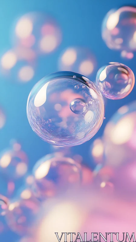 Iridescent soap bubbles floating in pastel light field.