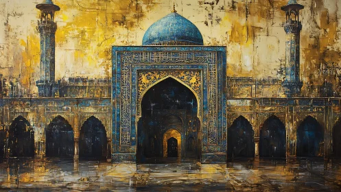 Textured blue-domed mosque facade with gold impasto illumination