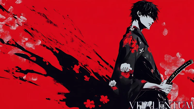 Midnight samurai wrapped in crimson blossoms of resolve.