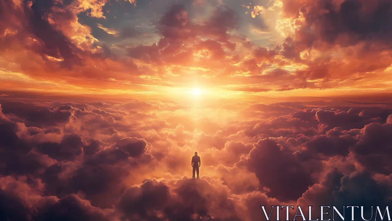 Lone figure walks above glowing clouds at radiant sunrise