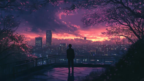 Solitary figure observing illuminated city at dusk skyline.