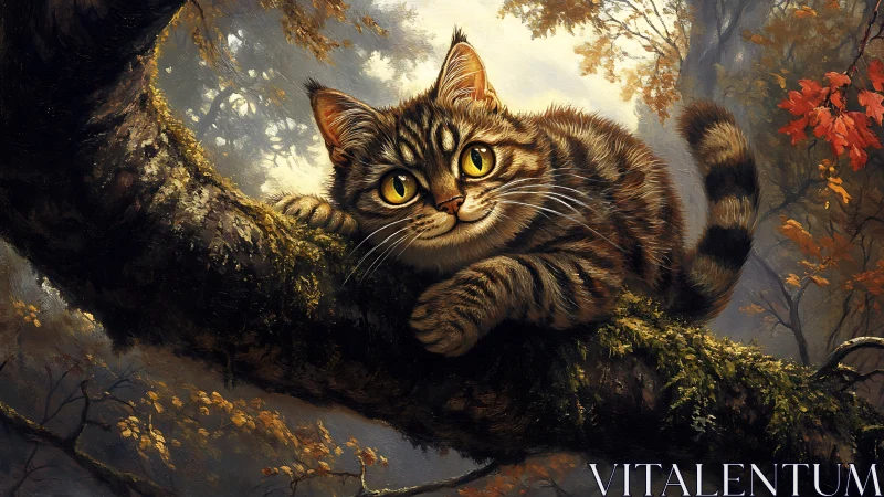 Luminous Tabby Feline Perched on Moss-Encrusted Branch in Golden Forest.