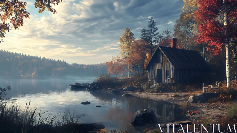 Lakeside cabin under soft autumn light at calm sunrise.