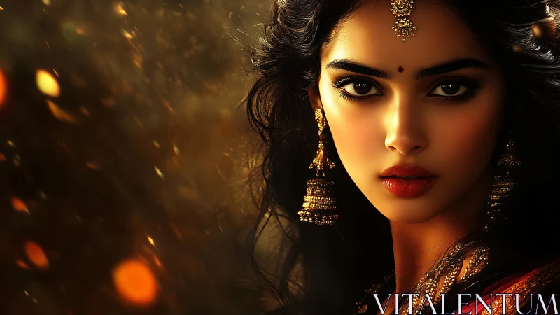 Golden evening glow frames a poised woman in rich adornment