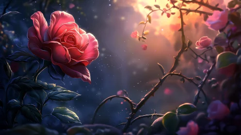 Crimson Rose Blooms in Mystical Twilight Garden.
