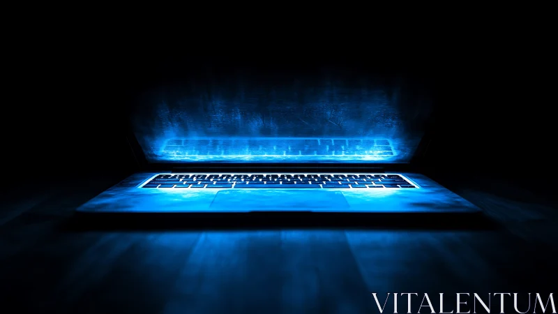 Glowing laptop keyboard under half-closed lid in dark space.