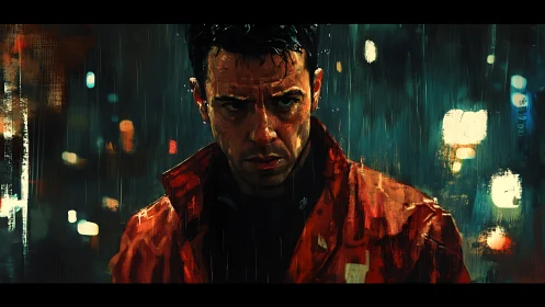 Brooding man in red coat under neon city rainstorm.