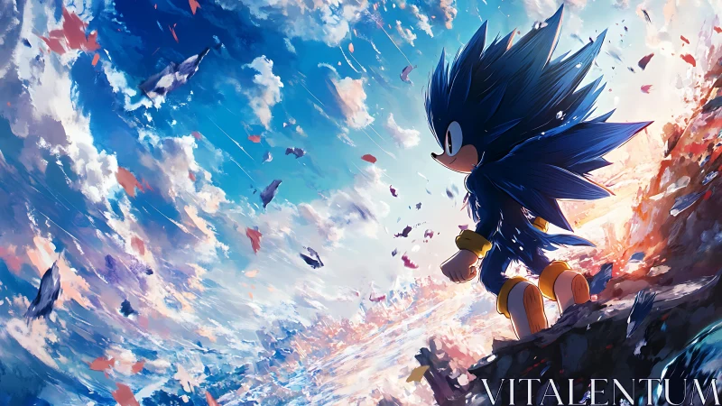 Storm-running blue hero atop a swirling sky horizon.