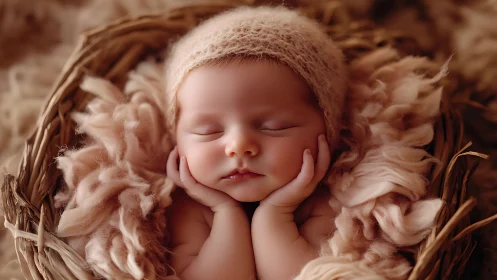 Sleeping Newborn Baby in Woven Basket with Textured Fabrics.