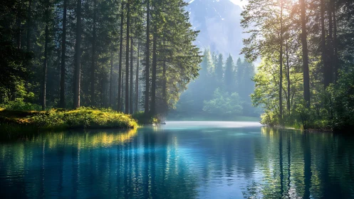 Serene Forest Lake Surrounded by Towering Trees