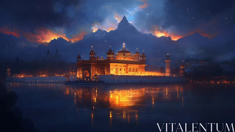 Luminous lakeside temple glows against storm-lit twilight sky