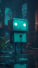 Small teal robot standing in rainy neon alleyway at night.