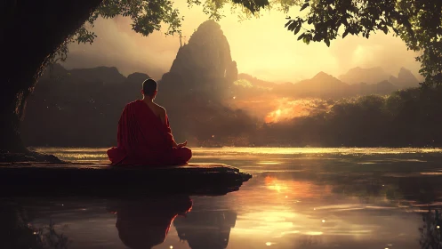 Monk in red robes contemplates luminous river at sunrise