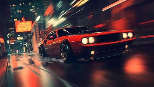 Red muscle car moves through wet neon city street at night