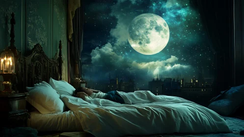 Moonlit dreamer beneath a colossal enchanted night sky.