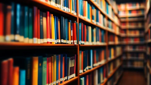 Shallow-depth library stacks display aligned hardcovers in parallel rows