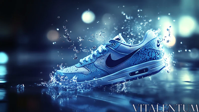 Sneaker rockets through liquid neon, kicking up electric spray