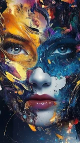 Abstract painted female face with vivid color splashes.