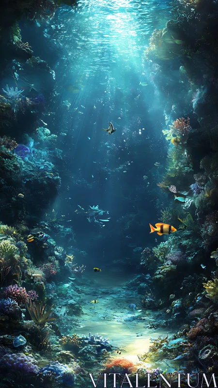 Underwater coral canyon with fish and filtered sunlight beams.