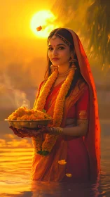 Golden river sunset honors a graceful woman in prayer