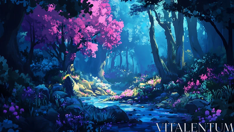 Neon Forest Stream. Luminescent pathway through enchanted woodland.