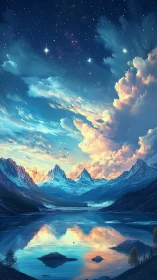 Celestial twilight over crystalline alpine lake panorama.