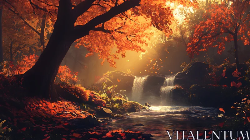 Digital forest stream scene shows waterfall under autumn foliage