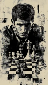 Focused chess player studying a dramatic endgame board.