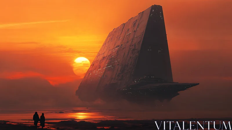 Colossal wedge starship hovering over misted shoreline at dusk