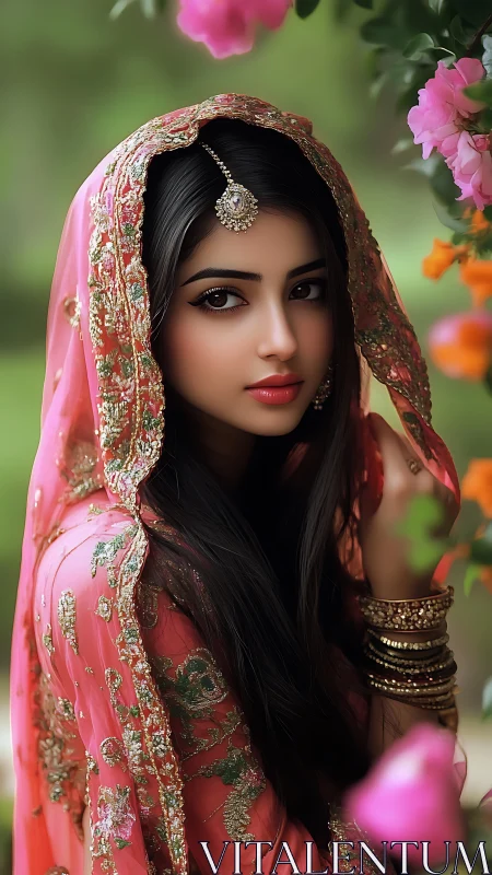 Bridal portrait in pink embroidered sari with floral bokeh.