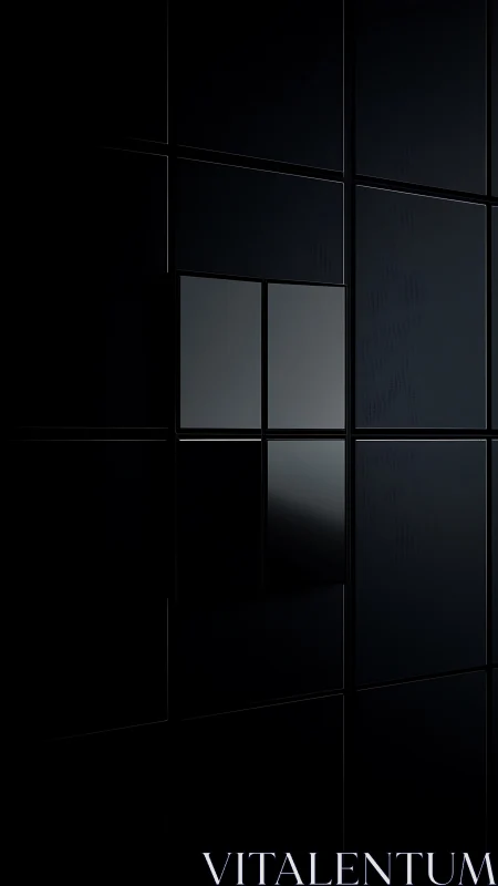 Dark geometric wall with reflective black panel grid.