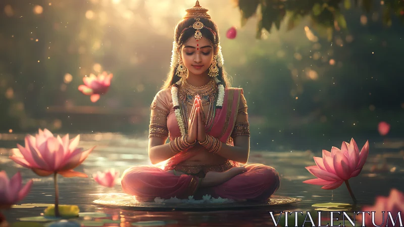 Gentle Evening Meditation Amid Floating Pink Lotus Blooms.