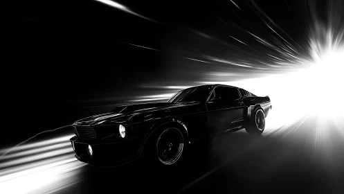 Midnight muscle car outracing a blinding tunnel of light.