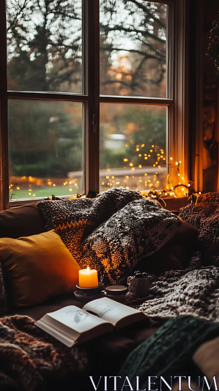 Cozy reading nook with candlelight and fall window view.