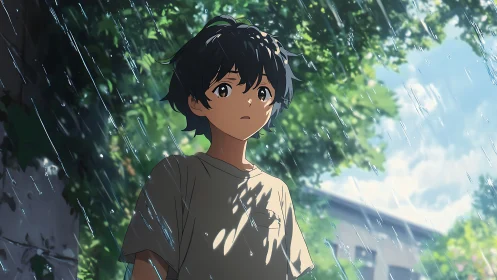 Pensive anime boy standing in summer rain under trees.