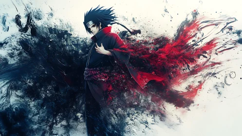 Dark-haired anime swordsman amid explosive red-black energy