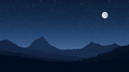 Moonlit mountain range rests under a calm star-filled sky