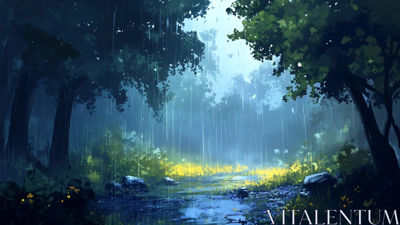 Enchanting Forest Stream Bathed in Golden Light