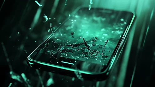 Water splash across glowing smartphone screen in rainstorm.