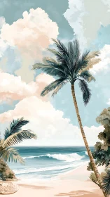 Vertical seascape illustrates stylized palm trees and layered clouds