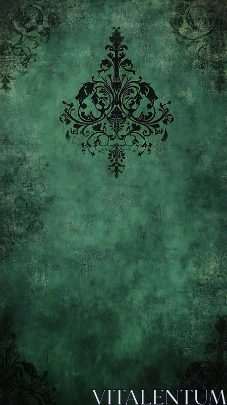 Emerald patina scrollwork unfurls across antique velvet dusk.
