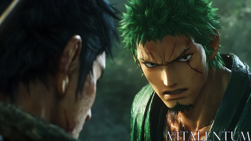 High-detail 3D close-up of intense green-haired swordsman stare.