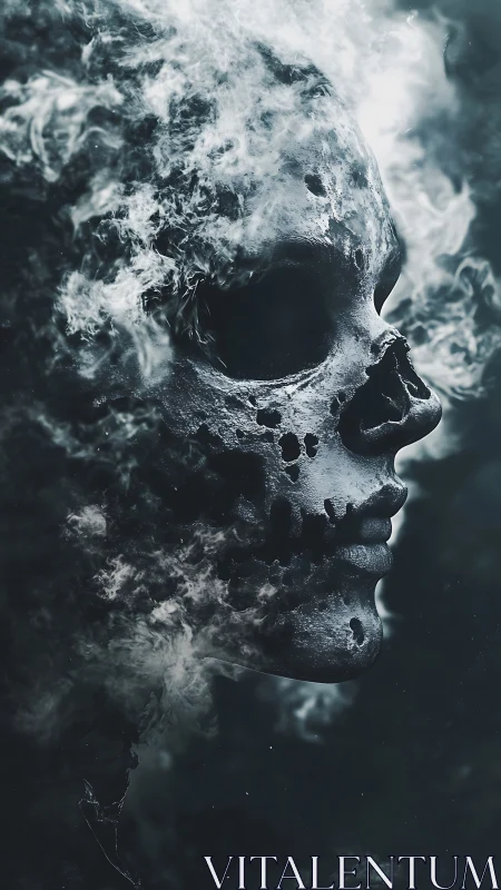 Skull-like human profile dissolving into drifting smoke.
