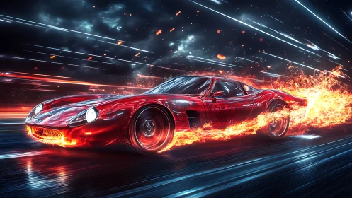 Blazing red supercar racing through a storm of neon light.