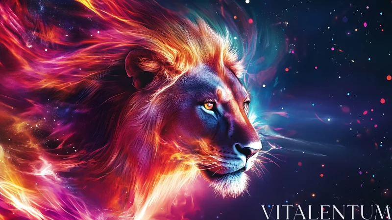 Cosmic lion glows with vibrant, fiery nebula colors