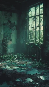 Overgrown abandoned room bathed in eerie emerald light.
